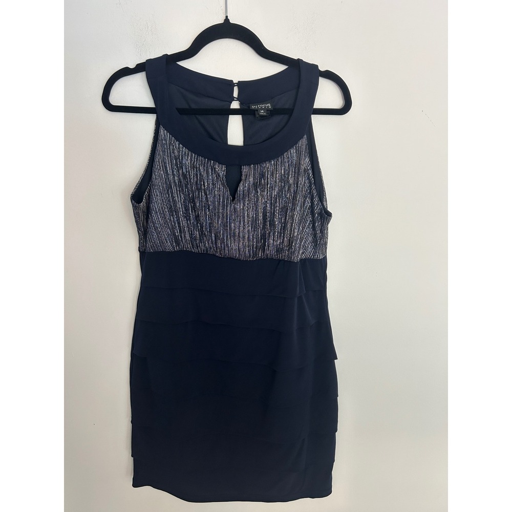En Focus Studio Navy Blue Metallic Silver Tiered Ruffle Cocktail Dress Womens 14
